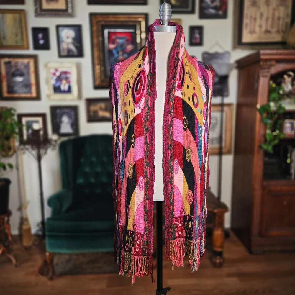 Vintage 90s Chelsey II Abstract Knit Scarf Wrap Magenta Multi Color Boho Fringe